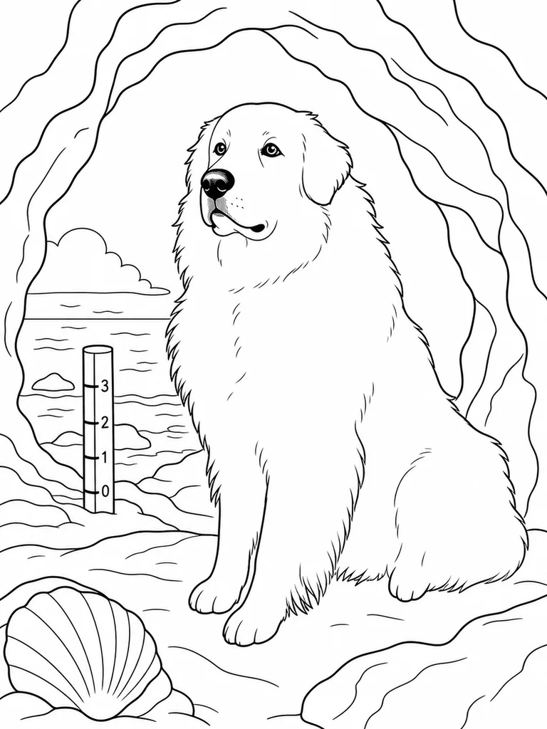 Inside a sea cave, a Great Pyrenees sits on a dry rock ledge beside a tide gauge and seashell.