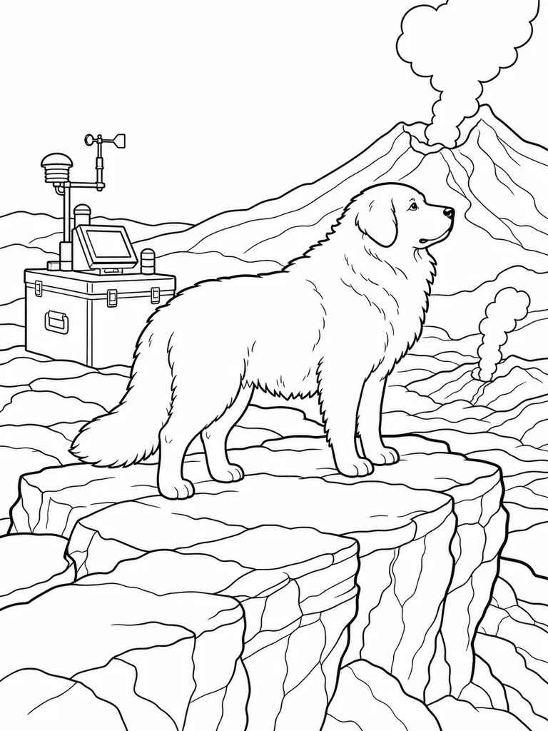 High on layered lava rock, a Great Pyrenees watches a steaming volcano beside a field instrument case.