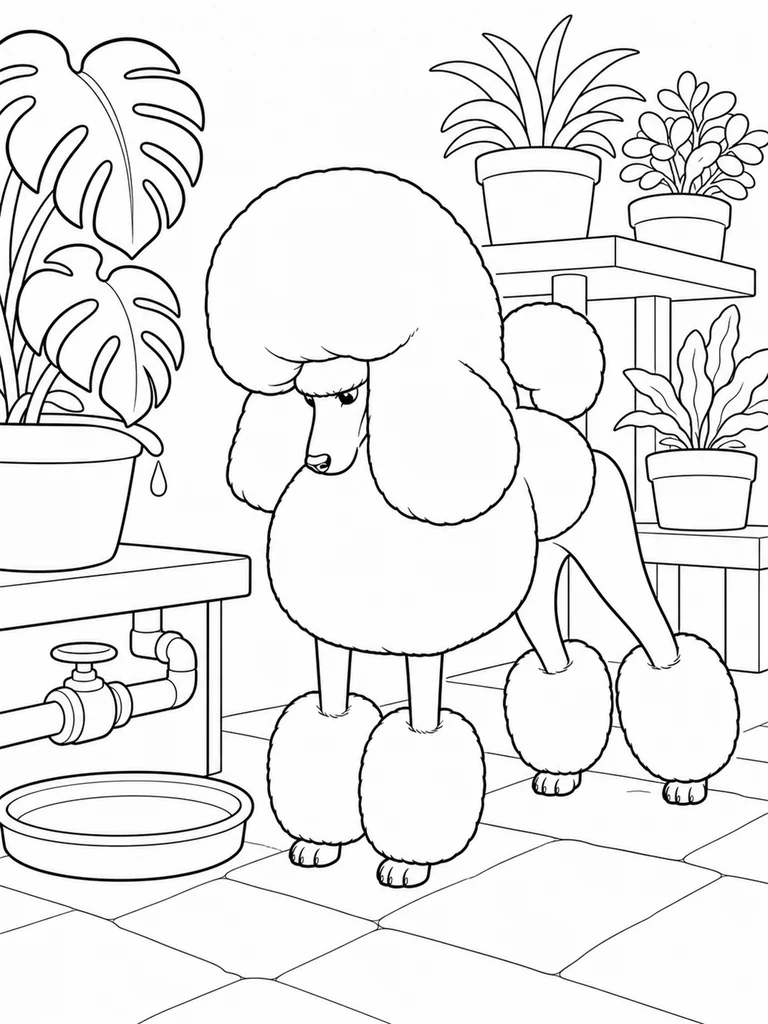 This printable coloring page shows a Poodle lowering its head beside a dripping greenhouse pot, water valve, and catch basin.