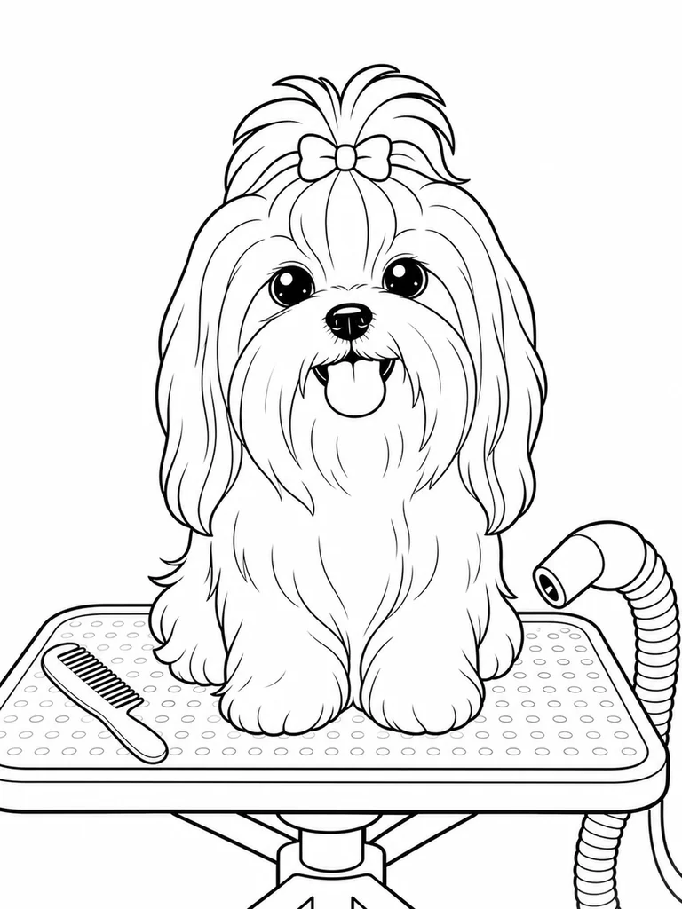 This Shih Tzu Dog sits on a grooming table near a comb and dryer hose.