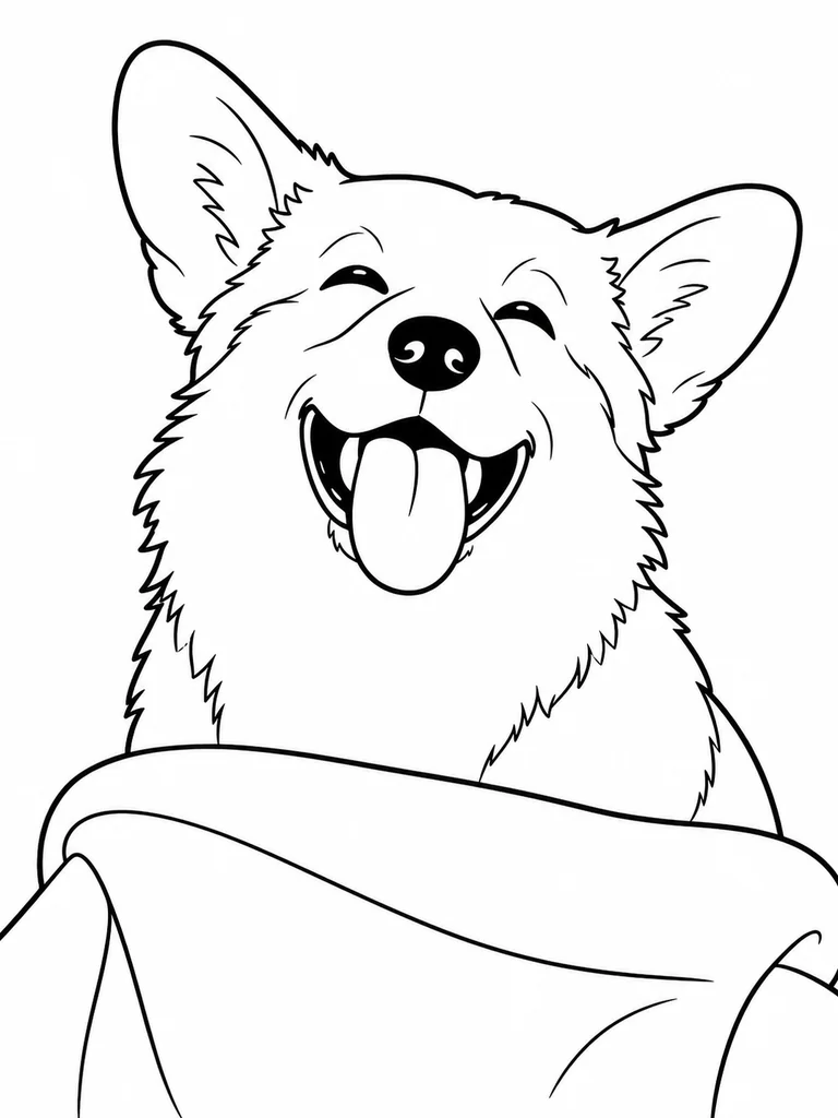 Happy Corgi smiles from behind a large bath towel after wash time.