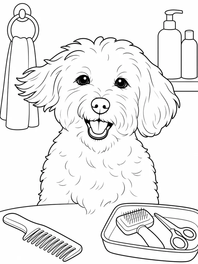 This Maltese coloring sheet features a cheerful face with grooming tools in front.