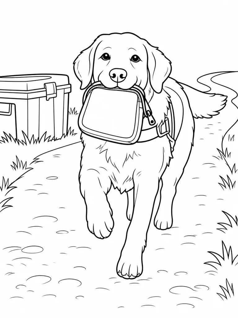 A helpful Labrador trots along a trail while carrying a blank supply pouch.