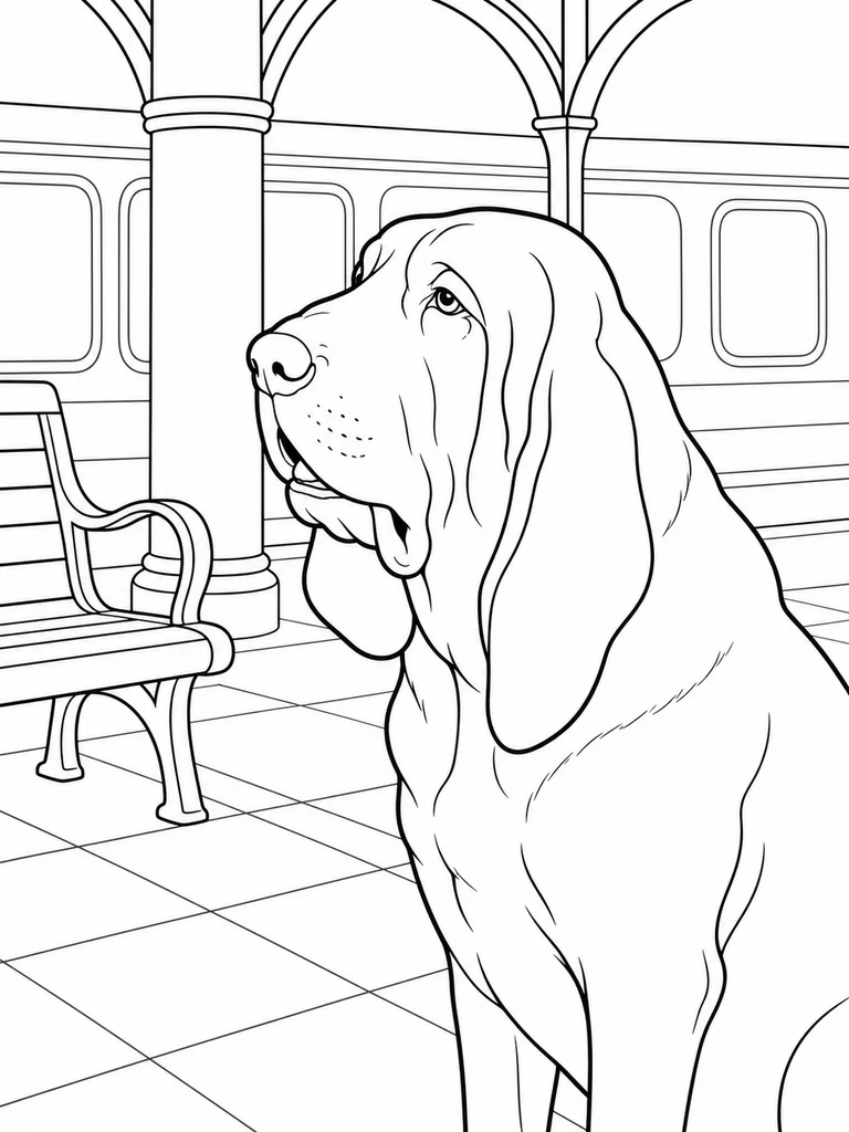 A Hound Dog listens in a station waiting area beside a bench and column.