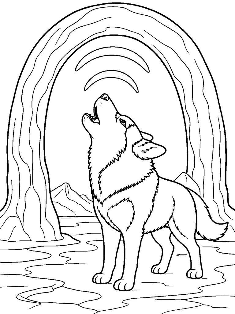 Under a rounded ice arch, a Siberian Husky stands with its head raised in a howl.