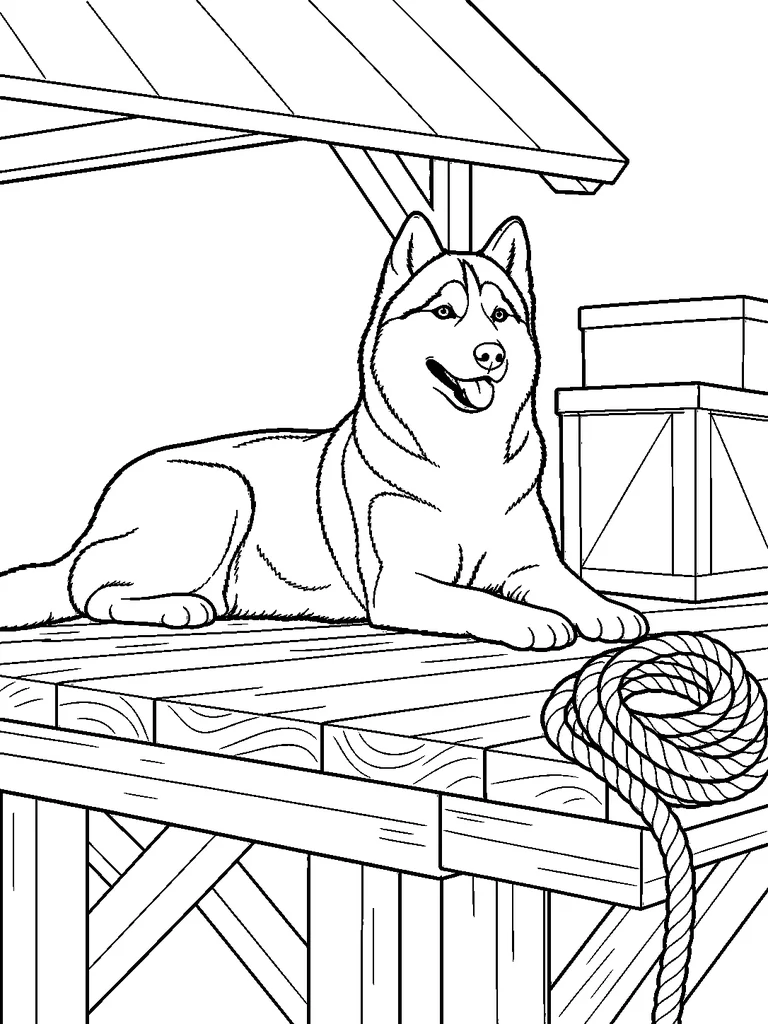 A Siberian Husky rests on a supply platform beside a coil of rope and stacked wooden boxes.