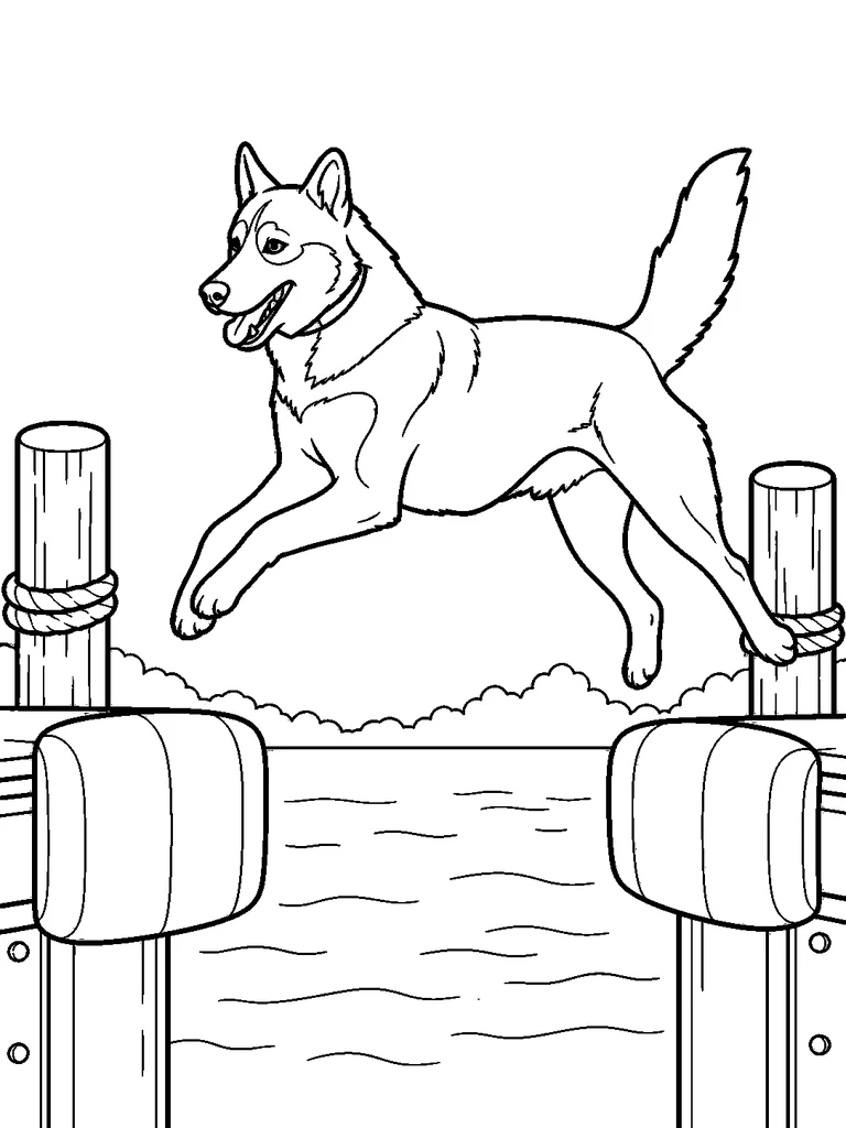 This printable coloring page shows a Siberian Husky leaping over two dock bumpers beside mooring posts.