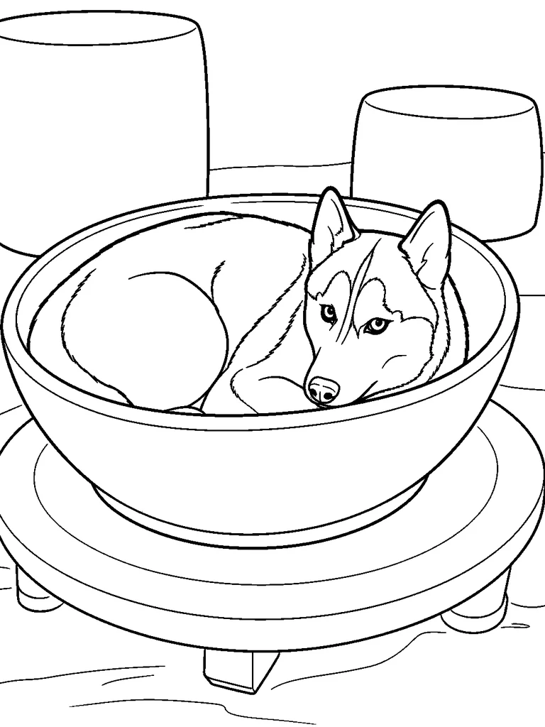 Curled inside a large pottery bowl, a sleepy Siberian Husky rests on a round workshop stand.