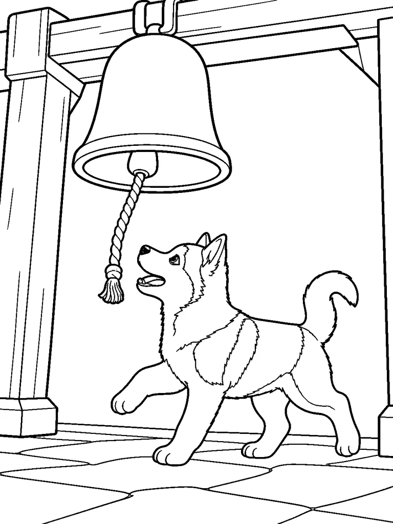 A Siberian Husky puppy steps toward a hanging bell rope and looks up at the bell.