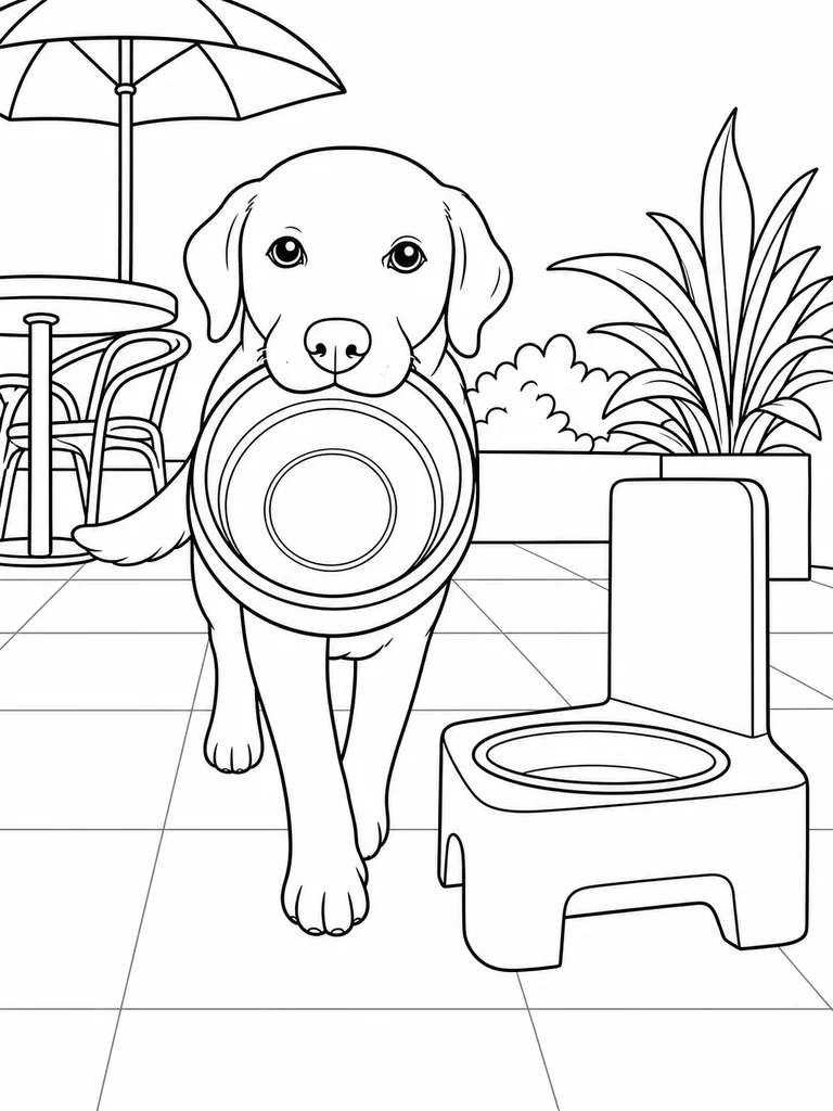 A Lab Dog carries a round bowl toward a simple patio water station.