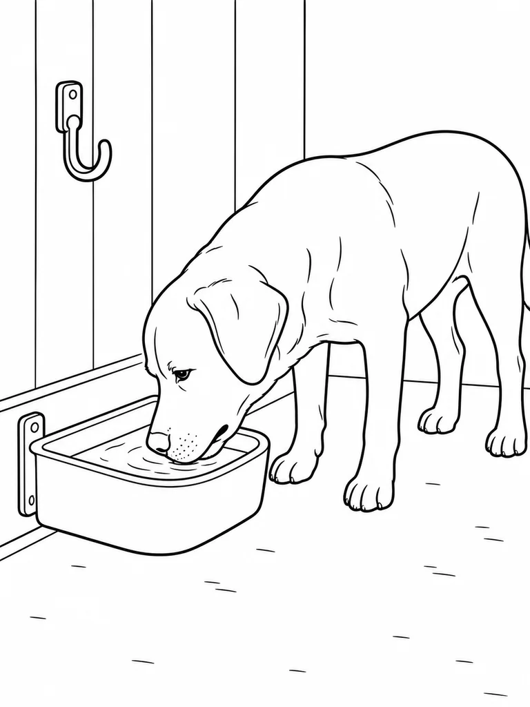 A Lab Dog drinks from a fixed wall trough on a simple training room floor.