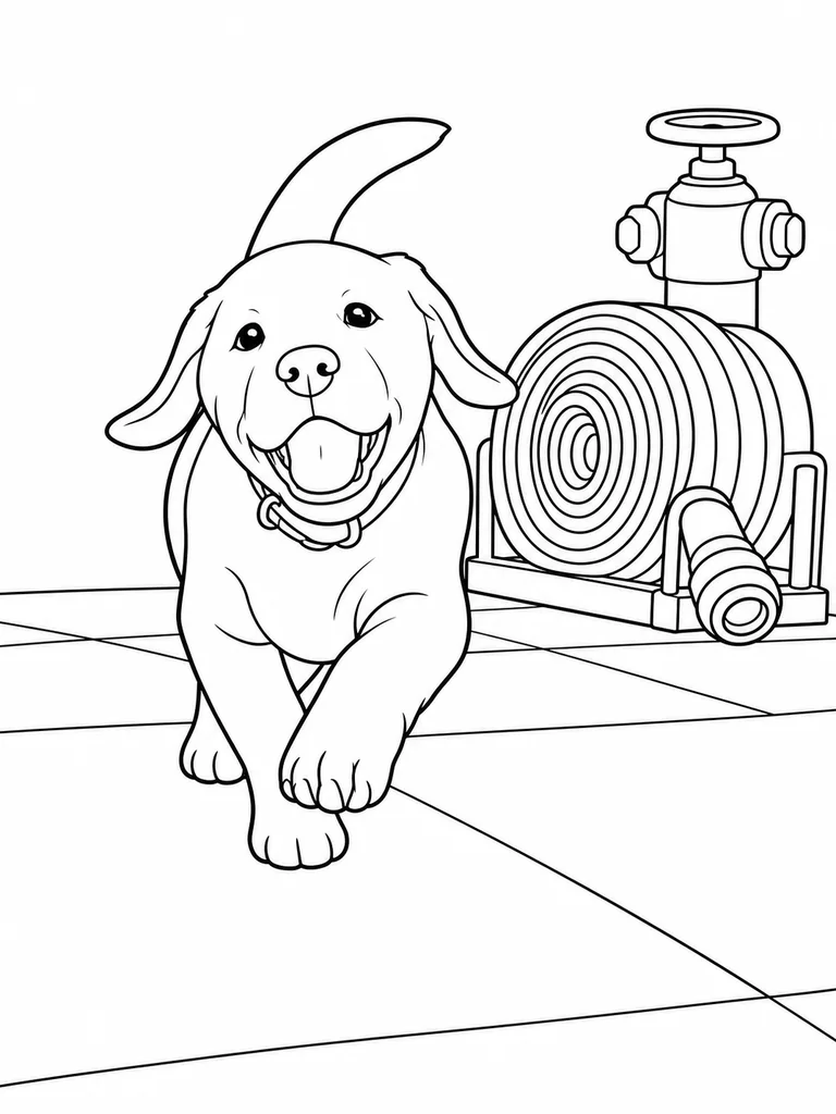 A Lab Puppy runs across a clean demo floor beside a coiled fire hose and valve.