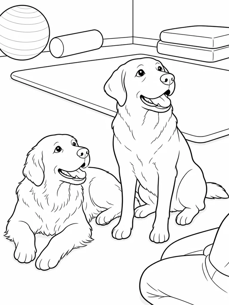 Two Labrador Retriever friends rest together on a simple activity room floor.