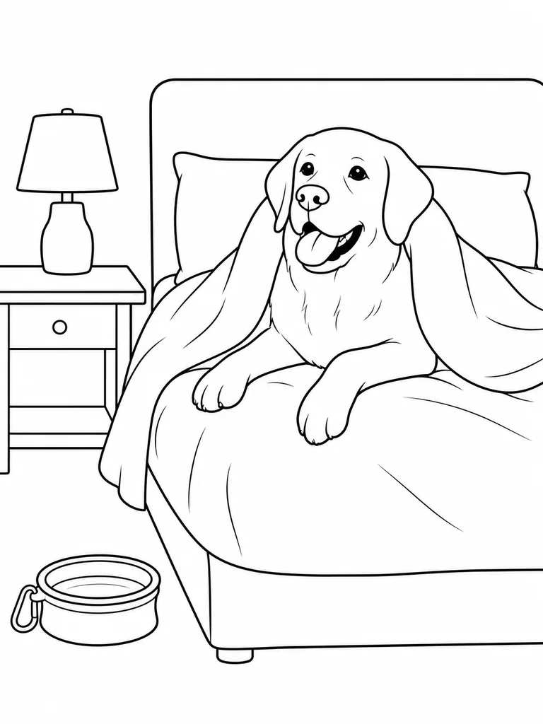 A Labrador Retriever peeks from a hotel bed beside a nightstand and travel water bowl.