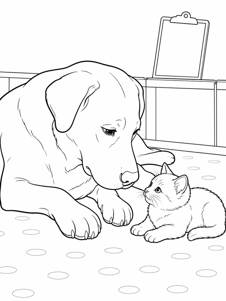 A Labrador Retriever lies on the floor and gently faces a tiny kitten nearby.