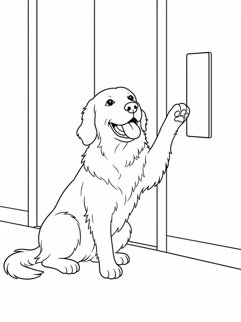 A Labrador Retriever raises one paw to press a blank elevator button in a simple lobby.