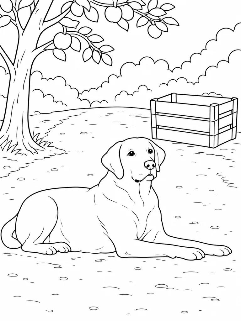 A Labrador Retriever rests on an orchard path near a crate and a simple fruit tree.