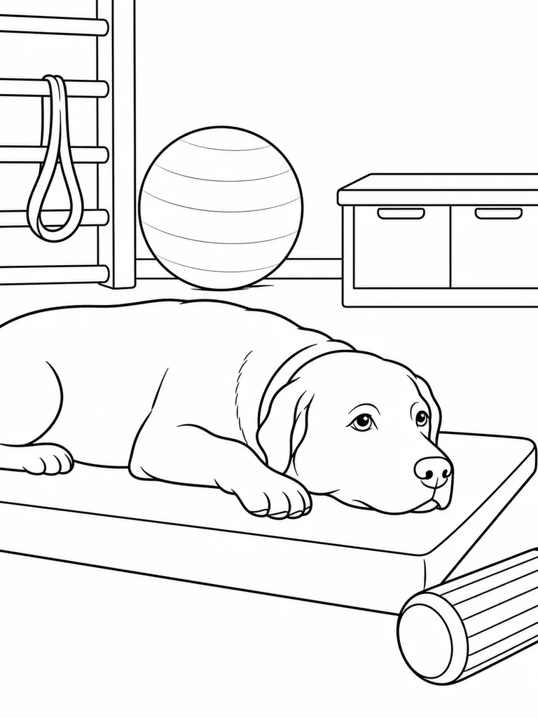 A Labrador Retriever lies calmly on a fixed rehab mat beside a simple roller.
