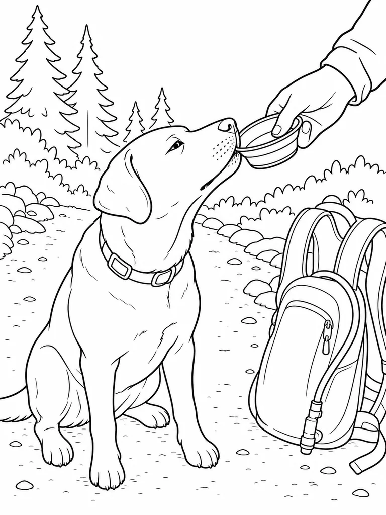 A Labrador Retriever lifts its nose to sip from a hiker's cup on a quiet forest trail.