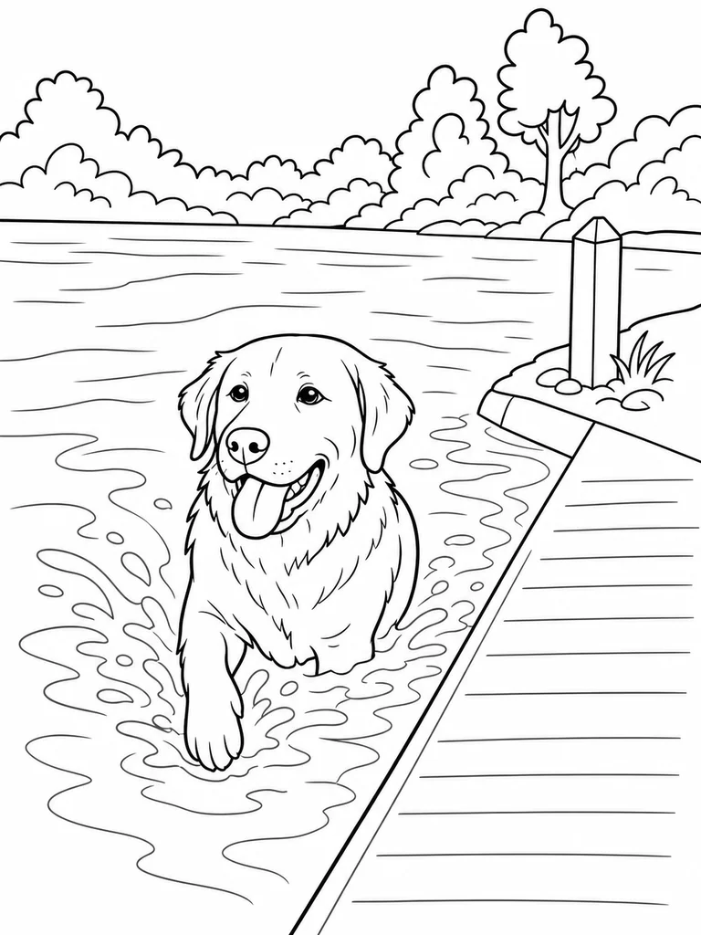 A Labrador Retriever splashes through shallow lake water toward the kayak ramp.