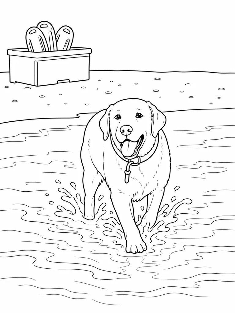 A Labrador Retriever walks through shallow beach water near a low box of rescue floats.