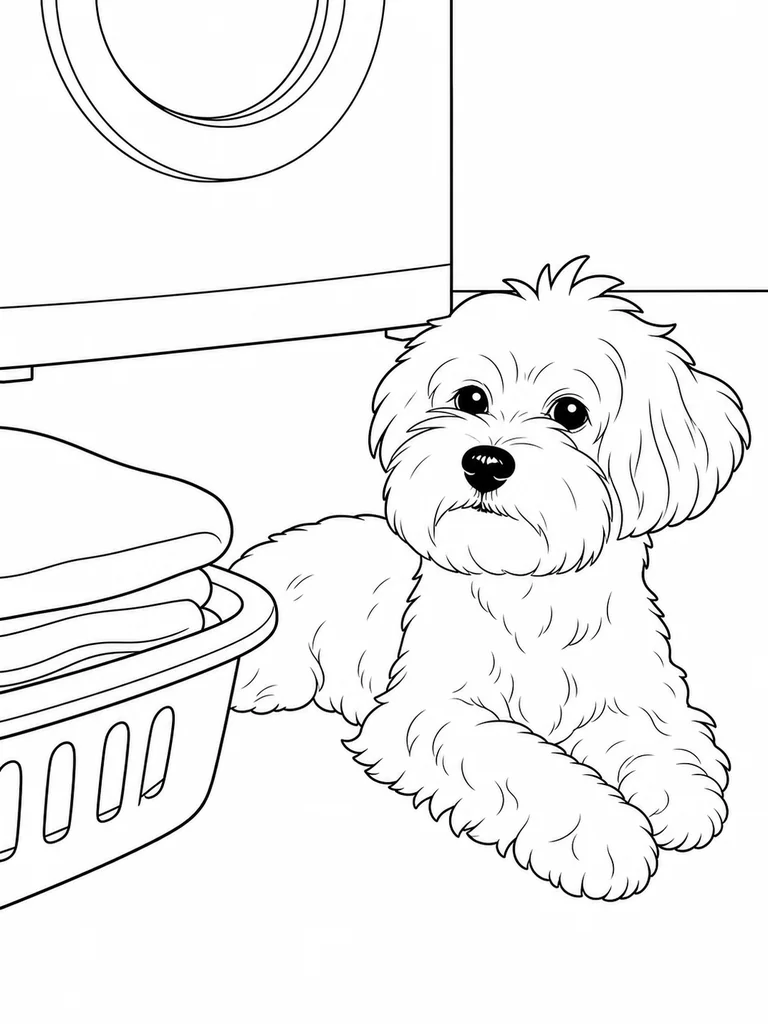 Beside a laundry basket, a Maltese Dog rests on the floor near a washing machine.