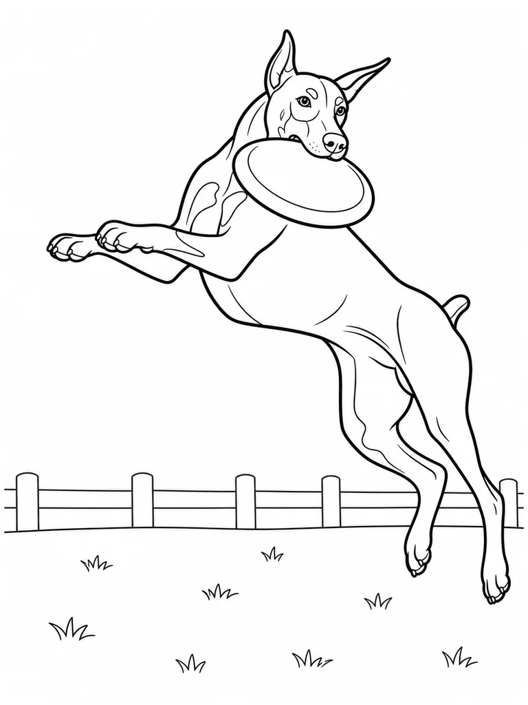 Leaping into the air, a Doberman catches a flying disc over a simple training field.