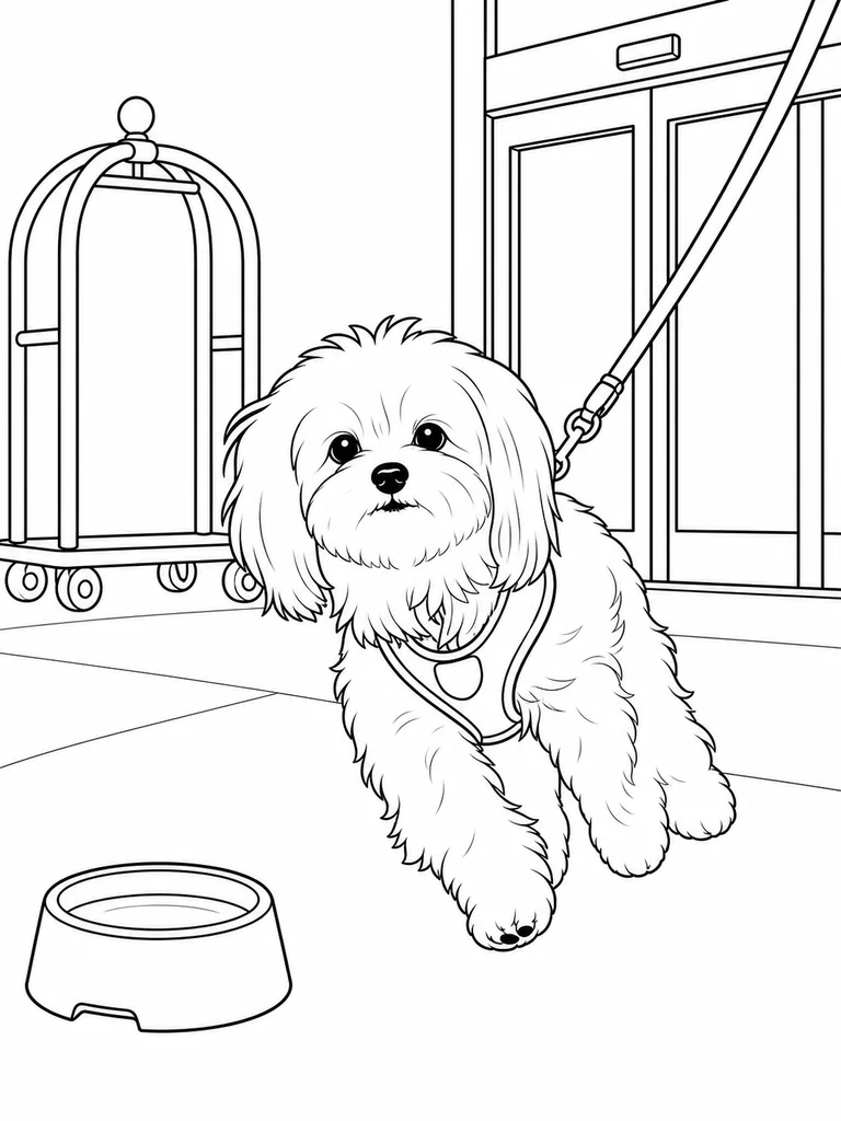 Near a hotel entrance, a Maltese Dog trots on a leash beside a travel water bowl.