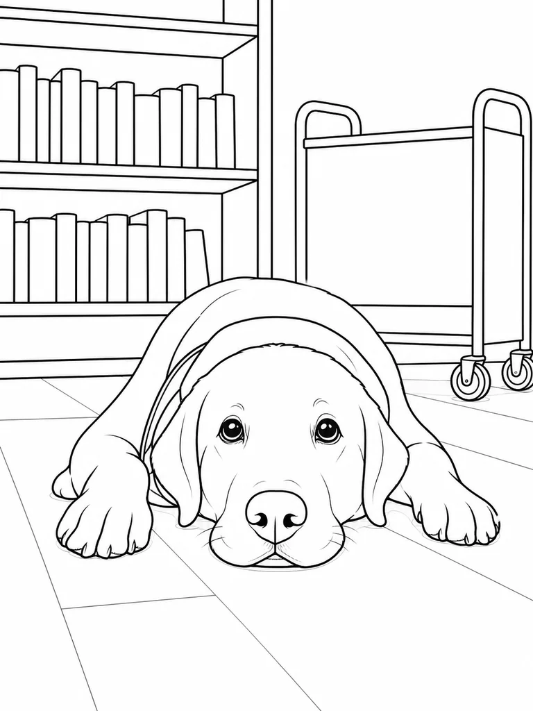 Resting on the library floor, a gentle Labrador lies near a book cart and low shelves.