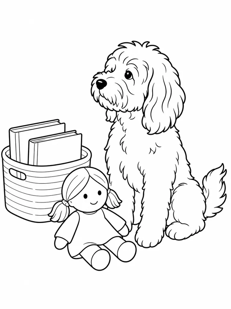 A Little Cockapoo sits near a cloth doll and a basket of blank books.