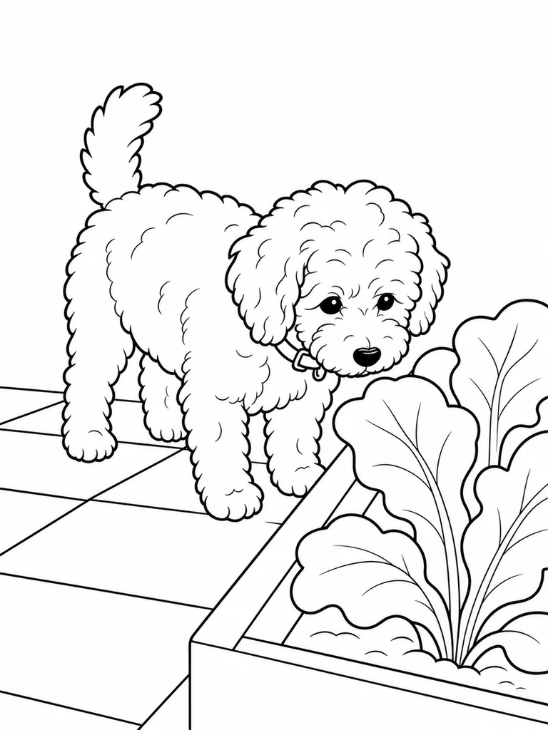 A Little Cockapoo sniffs beside large leafy vegetables along a community garden path.