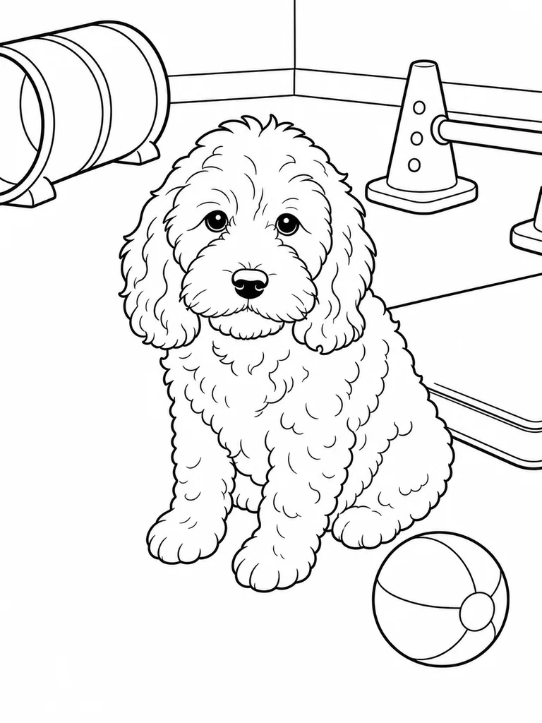 Inside a puppy class room, a Little Cockapoo sits near a soft ball and training cone.