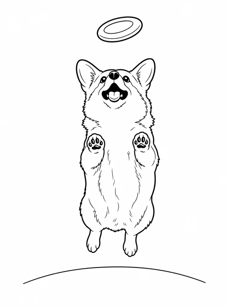 Little Corgi jumps straight up toward a flying disc over a clean ground line.