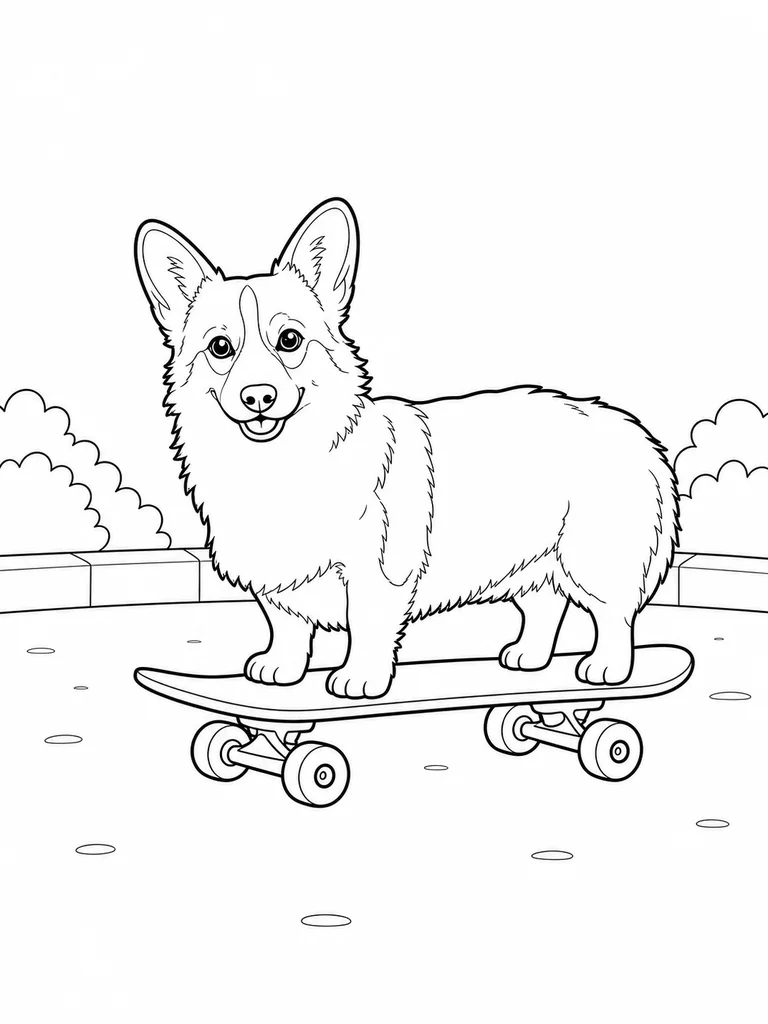 Little Corgi stands on a skateboard in a simple paved outdoor spot.