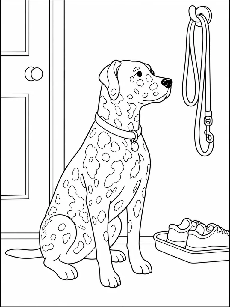 Beside the front door, a Little Dalmatian sits and looks at a hanging leash.