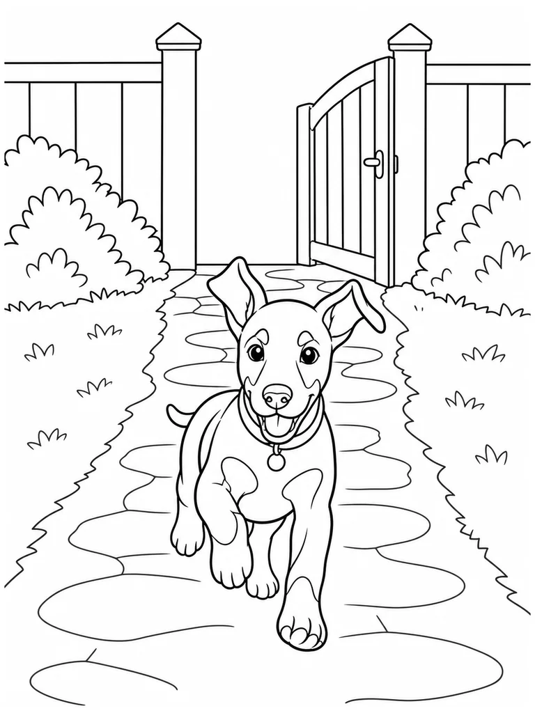 A Little Doberman Puppy runs down a backyard path toward the open garden gate.