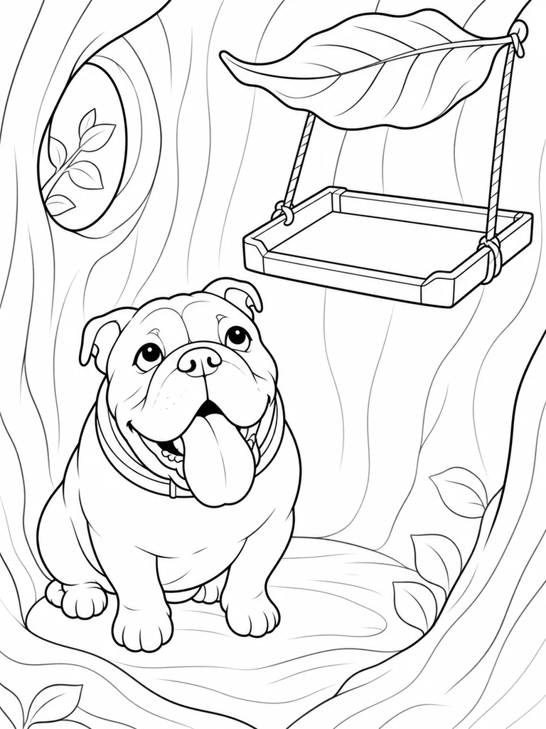 This coloring page shows a little English Bulldog sitting inside a tree hollow beneath a leaf-shaped lift.