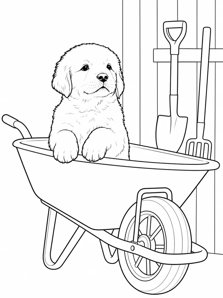 A Little Golden Puppy props both paws on a wheelbarrow beside garden tools.