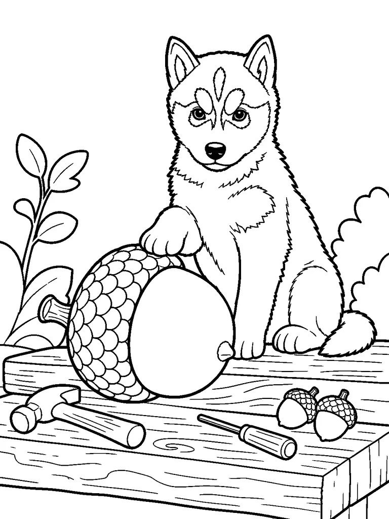 At an acorn workbench, a Siberian Husky puppy rests one paw on a giant acorn beside simple tools.