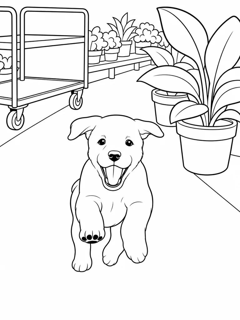 A little Labrador Retriever runs down a plant shop walkway beside a cart and broad-leaf pots.
