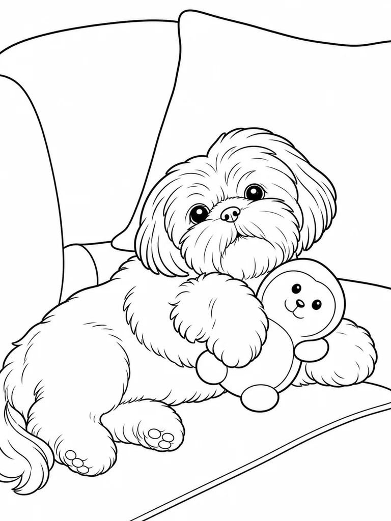 A Shih Tzu reclines on a sofa cushion while holding a small round plush toy.