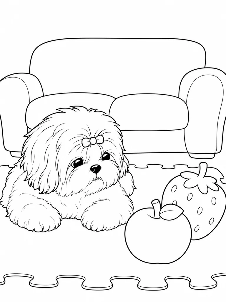 On a play mat, a Shih Tzu Dog lies near an apple toy and a strawberry toy.