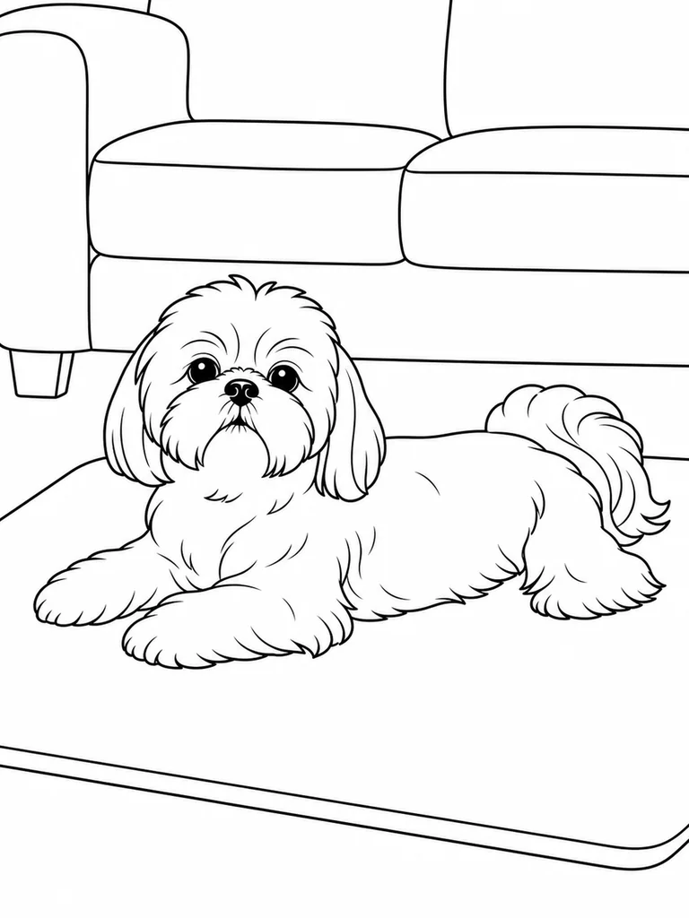 A Shih Tzu Dog stretches out on a rug in front of a simple sofa.