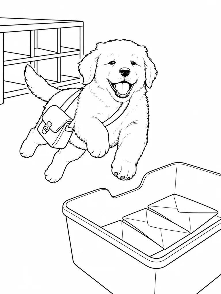 In a mail sorting area, a Golden Puppy wearing a satchel jumps toward a bin of envelopes on this coloring page.