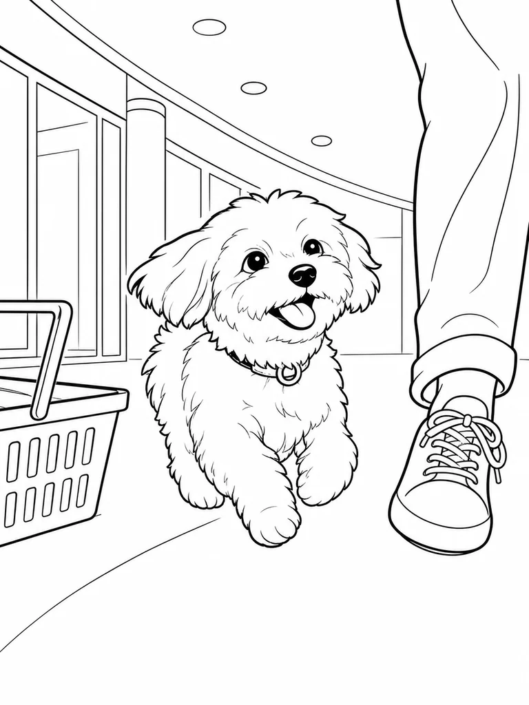 This printable shows a Maltese Dog walking beside a sneaker and shopping basket in a mall hallway.