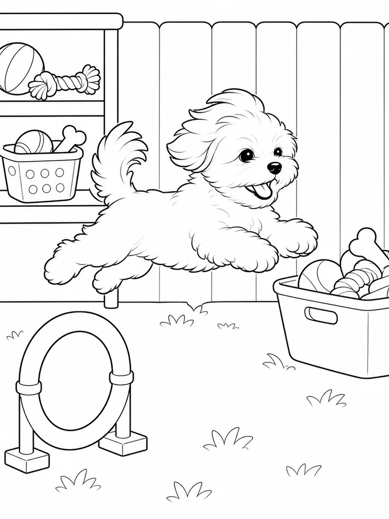 A Maltese Puppy leaps through a toy ring while storage bins sit nearby.