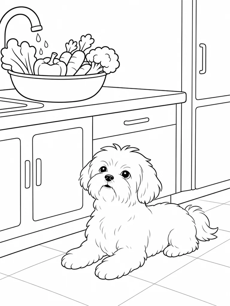 This Maltese coloring page shows the little dog looking up at a kitchen counter with a bowl of vegetables.