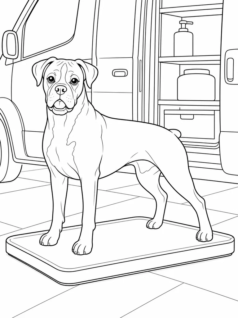 Beside an open mobile veterinary van, a Boxer Dog stands with all four paws on a low weighing platform.