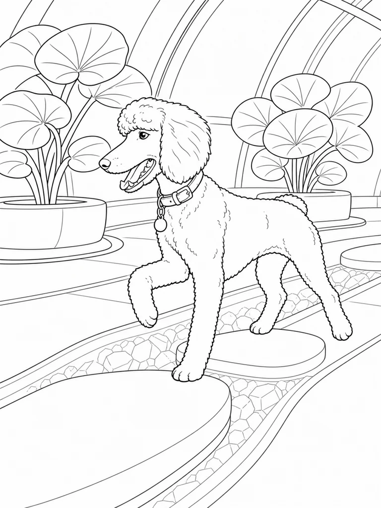 Inside a domed moon greenhouse, a Poodle steps across large pads beside a shallow stone channel and round-leaved plants.