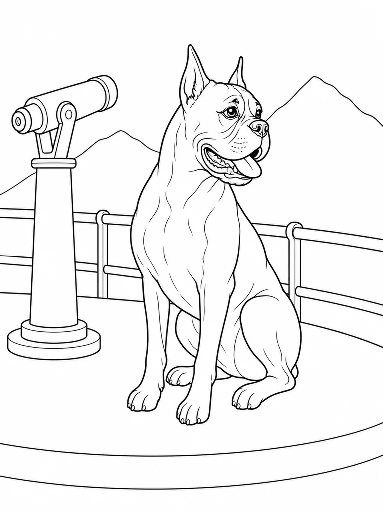 At a mountain overlook, a seated Boxer Dog faces the view beside a mounted sightseeing telescope and railing.